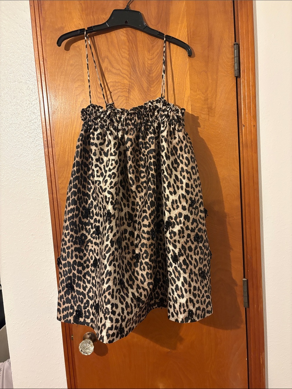 Ganni Leopard-Print Jacquard Spaghetti Strap Mini Dress with Beaded Tassels